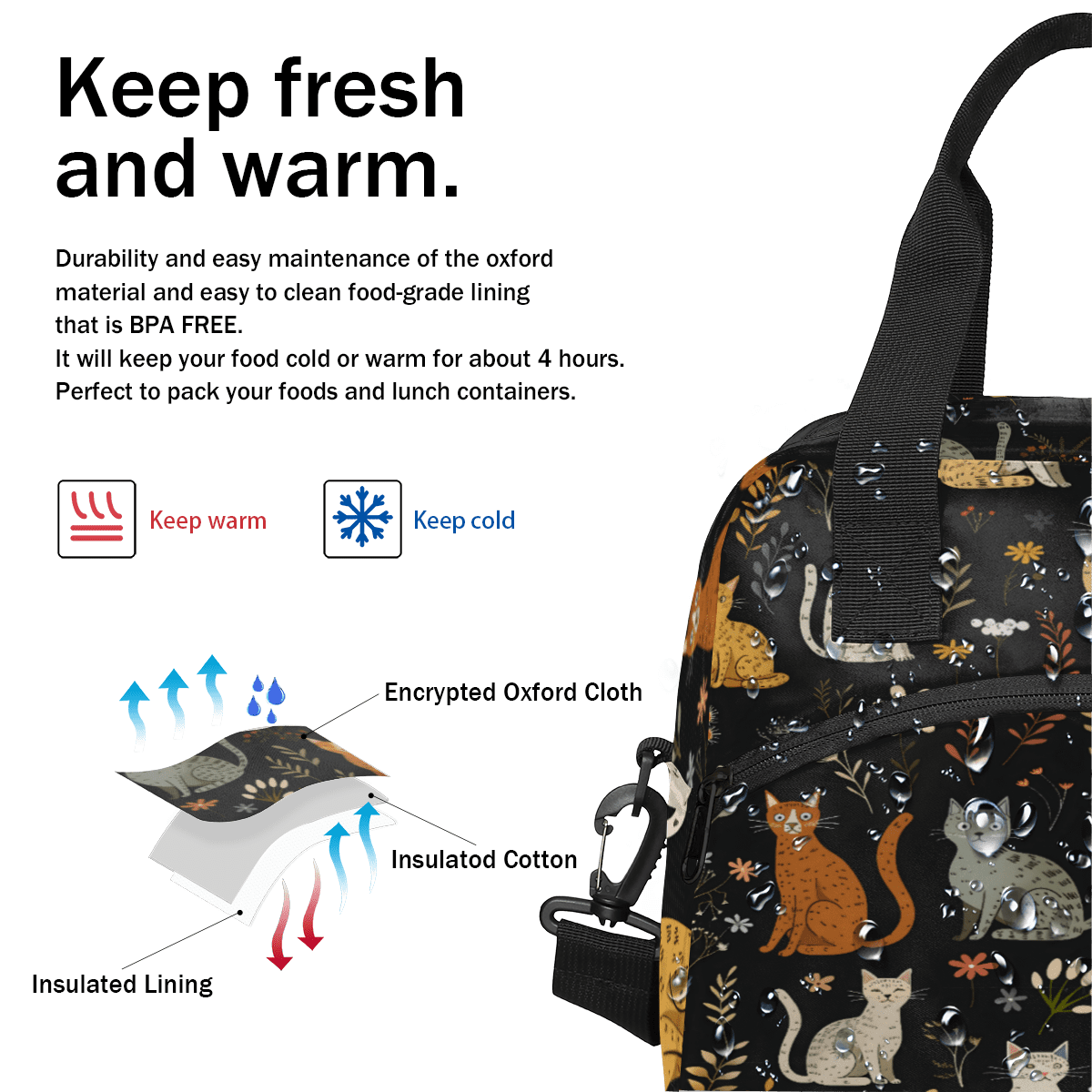 Herdesigns Colorful Cats Insulated Lunch Bag for Women Men Adults Large Reusable Lunch Box Leakproof Portable Cooler Tote Bags with Adjustable Shoulder Strap