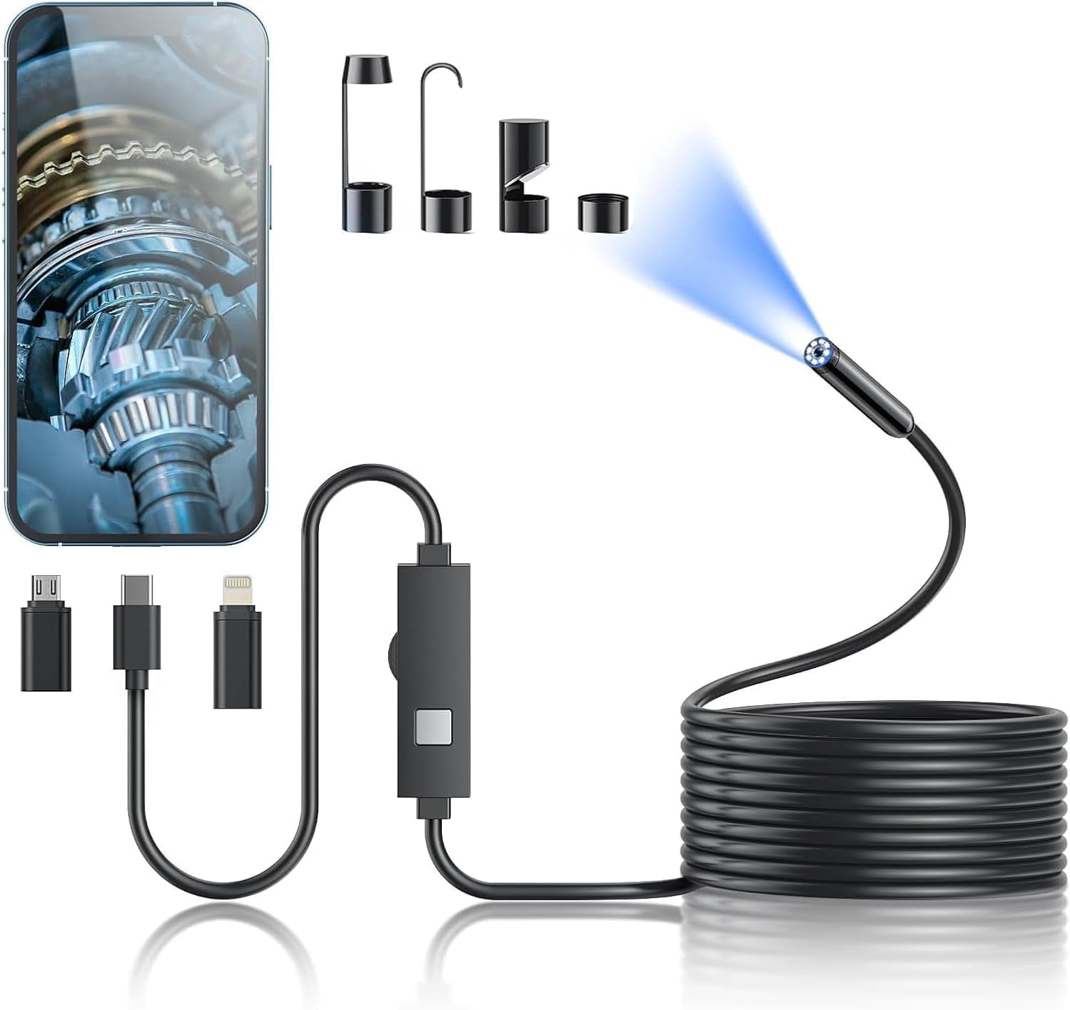 Endoscope Camera with Light,1920P HD Borescope Tools with 8 Adjustable LED Lights, Endoscope with Semi-Rigid Snake Camera, IP67 Waterproof Inspection Borescope for iOS and Android-16.4ft Dual-Lens