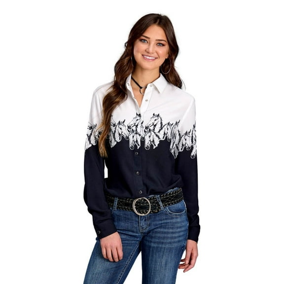 Roper Western Shirt Womens L/S Horse S Black 03-050-0590-2090 BL
