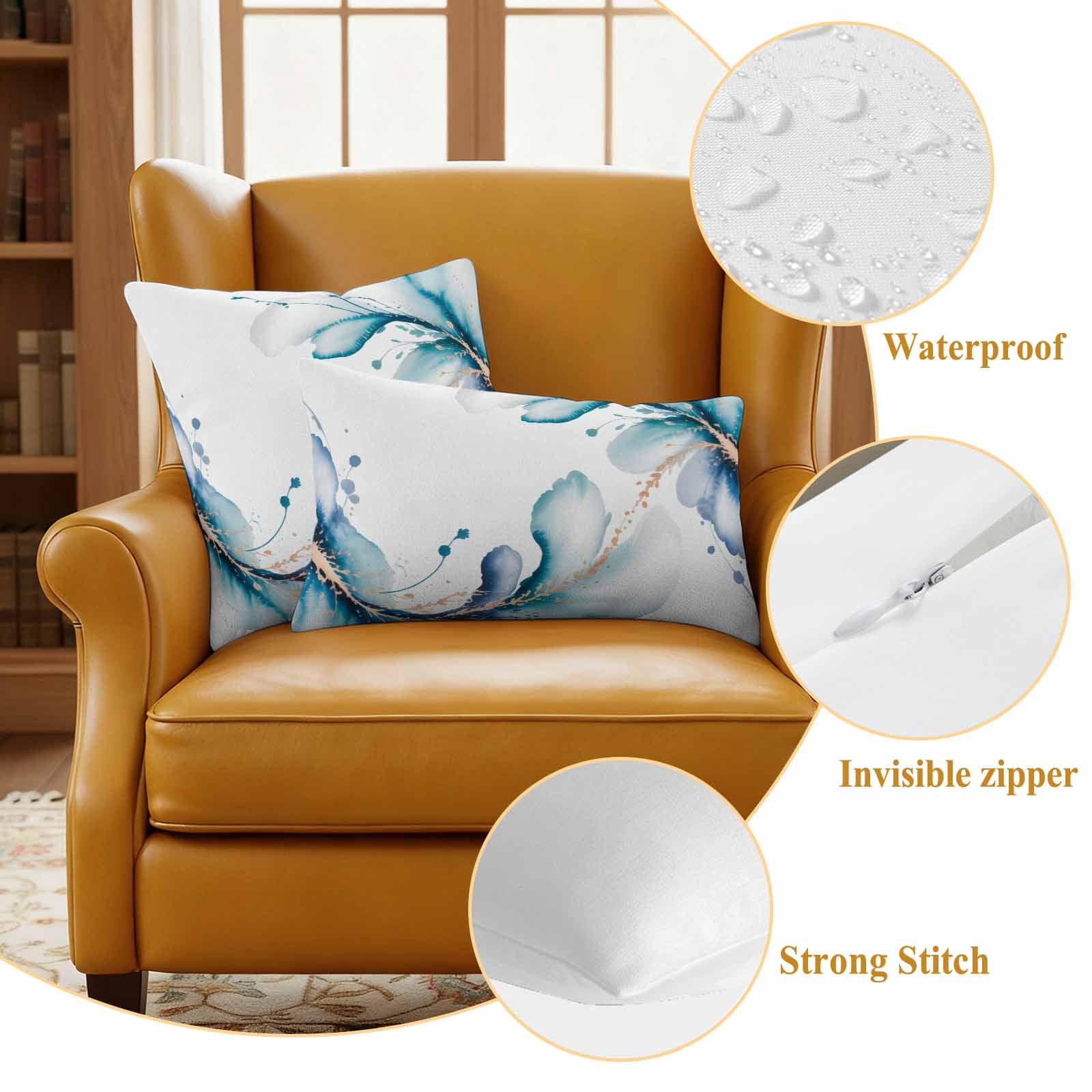 Blue Marble Stone Outdoor Waterproof Throw Pillow Covers 24x24 Set of 2, White Ink Splash Farm Marble Abstract Decorative Pillowcases Cushion Pillowcase for Couch Sofa Patio Outside Pillow Protector