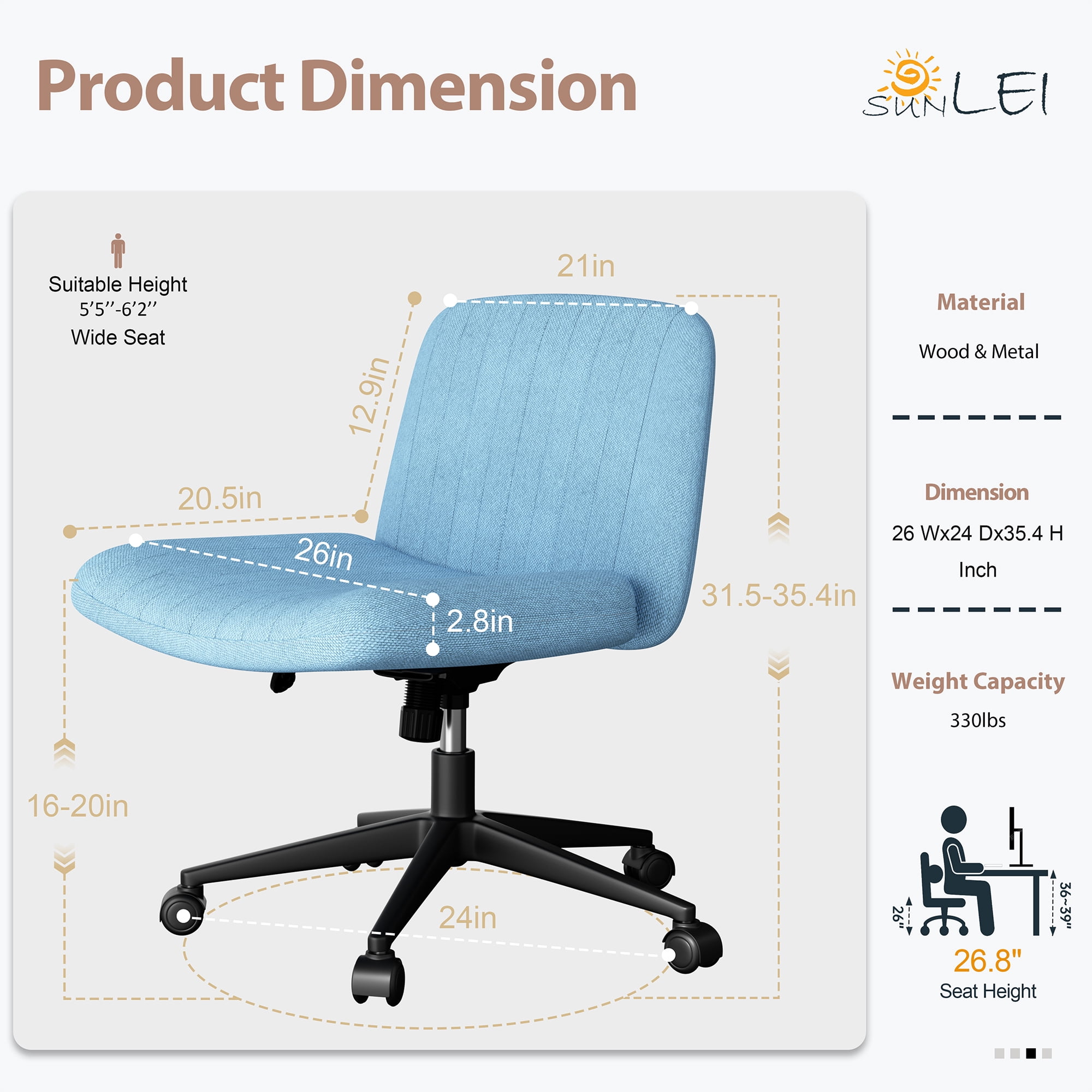 Walsunny Armless Criss Cross Home Office Chair, Fabric Vanity Desk Chair with Wheels, Wide Seat Swivel Task Computer Chair, Blue