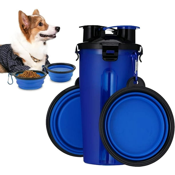 Botella de agua para perros con 2 cuencos plegables, portátil 2 en 1, botella de agua y comida para perros, gatos, mascotas, botella de viaje para caminar, hacer ejercicio, senderismo, acampar (azul) JM