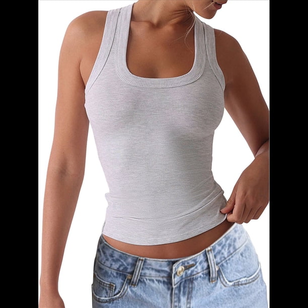 Camisola Básica Sin Mangas con Cuello Cuadrado Acanalado para Mujer, Camisola de Verano 2025 Gris XL