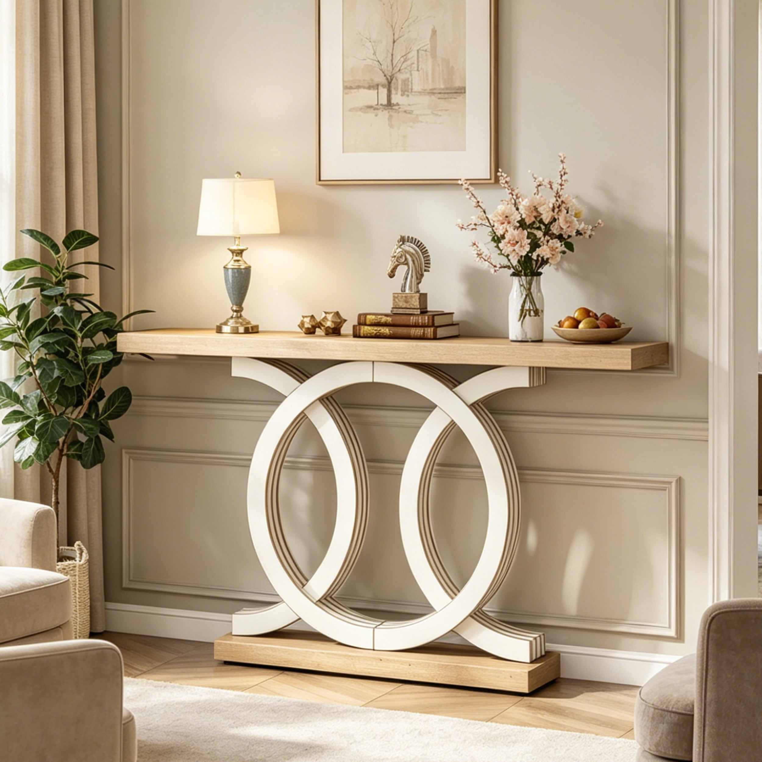 Fnova 55" Console Table with Geometric Base, Modern Wood Narrow Entryway Table Sofa Table for Living Room, Hallway, Foyer
