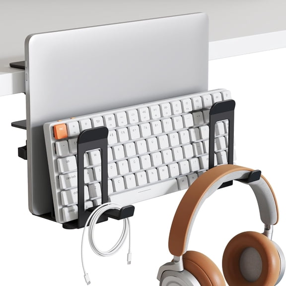 PEGZONE Under Desk Laptop Holder, 2-Slot Adjustable Laptop and Tablet Organizer with Headphone Hooks, Clamp-On Desk Side Storage for Office and Gaming, Black