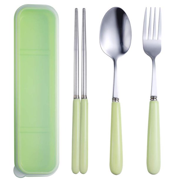 Juego de cubiertos reutilizables, 3 piezas de cerámica de acero inoxidable (tenedor, cuchara, palillos) Juego de cubiertos de viaje portátil para viajes/camping, almuerzo de oficina con caja de transporte (verde) Ormromra SNFLD1287