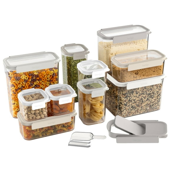 Bentgo Pantry - Ensemble de 22 Contenants Alimentaires Hermétiques, Transparents et Empilables pour l'Organisation de la Cuisine et du Garde-Manger, Couvercles Verrouillables pour la Fraîcheur, Couvercle à Céréales et Cuillère, Plastique Sans BPA (Pierre Blanche)