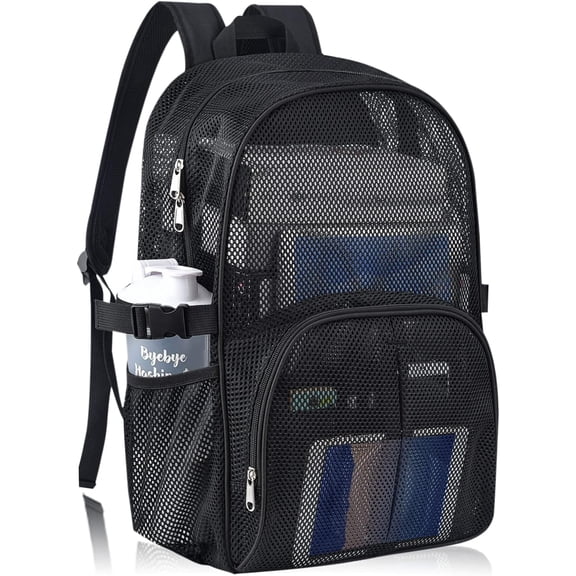 Heavy Duty Mesh Backpack for School, 22L Black Mesh School Bag with Laptop Compartment for Beach, Commuting, Swimming, Fitness, Sports (Black)
