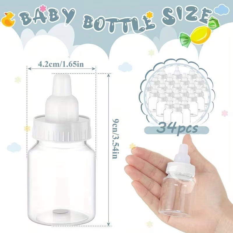 34pcs 3.5-inch Clear Plastic Mini Bottles for Baby Baptism Party - Elegant Candy Boxes with White Lids for Baby Shower Favors & Decorations
