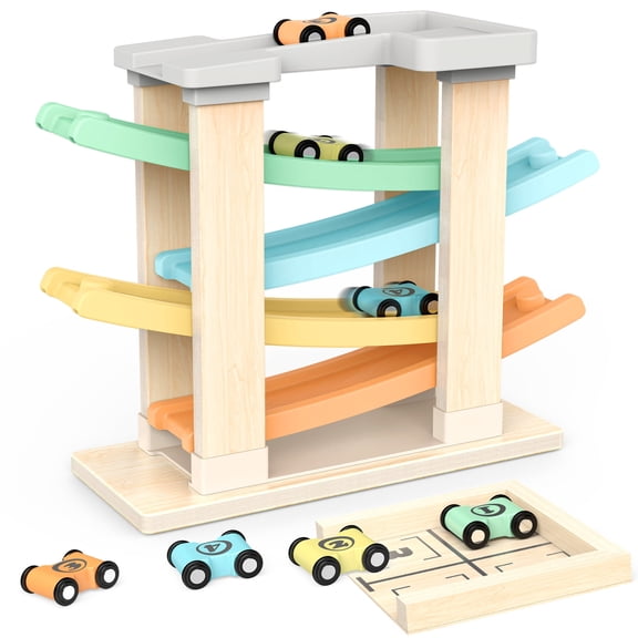 Funforfun Montessori Toys for 1 2 3 Year Old Boys Toddler, Race Track Car Ramp Toys with 4 Cars, Toys for 1-3 Years Old Boy Girls Gifts for Birthday