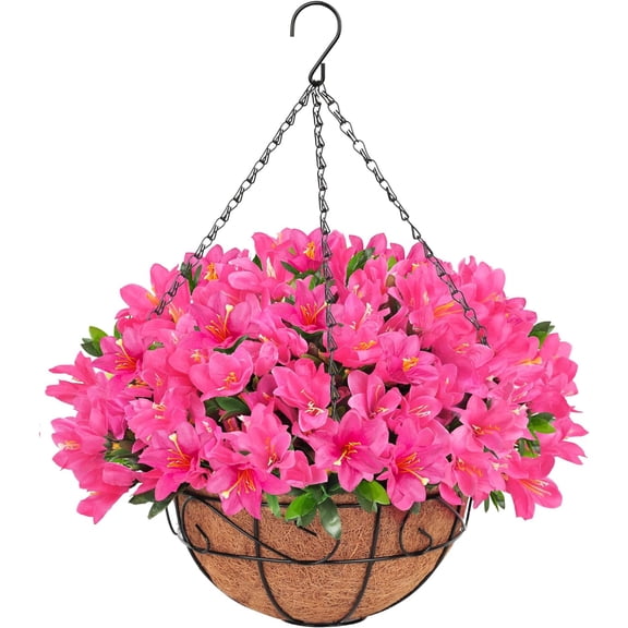 Artificial Hanging Flowers in Basket, Silk Azalea Flowers with Coconut Lining Hanging Baskets Outdoor Fake Hanging Plants Spring Flowers for Yard Patio Front Porch Home Decor, Pink