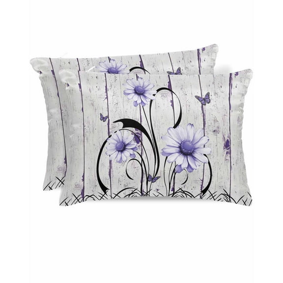 Hokiten King Size Pillow Cases Set of 2, Pillow Covers for Bed, Purple Daisy Satin Pillowcases with Zipper for Hair/Skin, Country Botanical Floral Butterfly Wooden 20x36 Inches