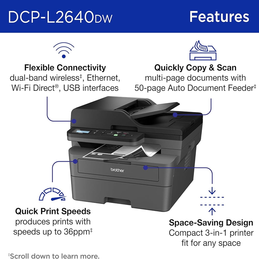 Brother DCPL2640DW Wireless Compact Monochrome Multi-Function Laser Printer Bundle with Brother High-Yield Toner, Black Twin Pack (3,000 pages/cartridge)