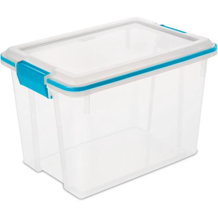 20 Qt Gasket Box, Stackable Storage Bin with Latching Lid and Tight Seal, Plastic Container to Organize Basement, Clear Base and Lid, 6-Pack