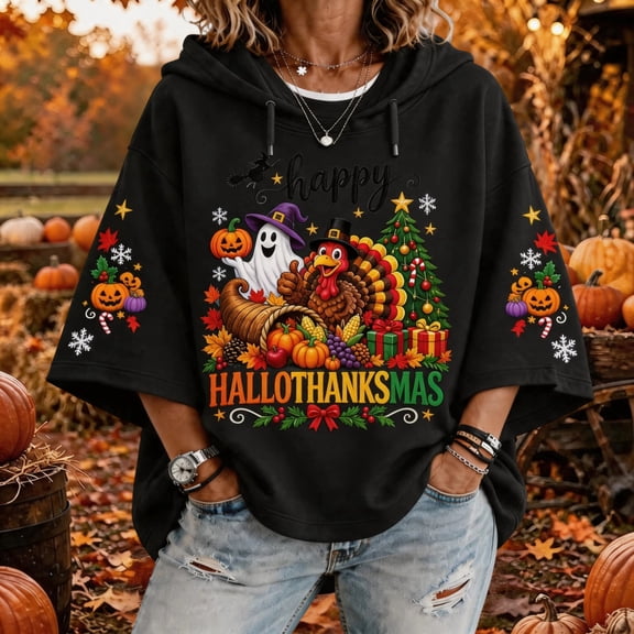Happy Hallothanksmas Fall Shirts for Women 3/4 Sleeve Hooded Halloween Sweatshirt Loose Fit Casual Thanksgiving Christmas Graphic Hoodies