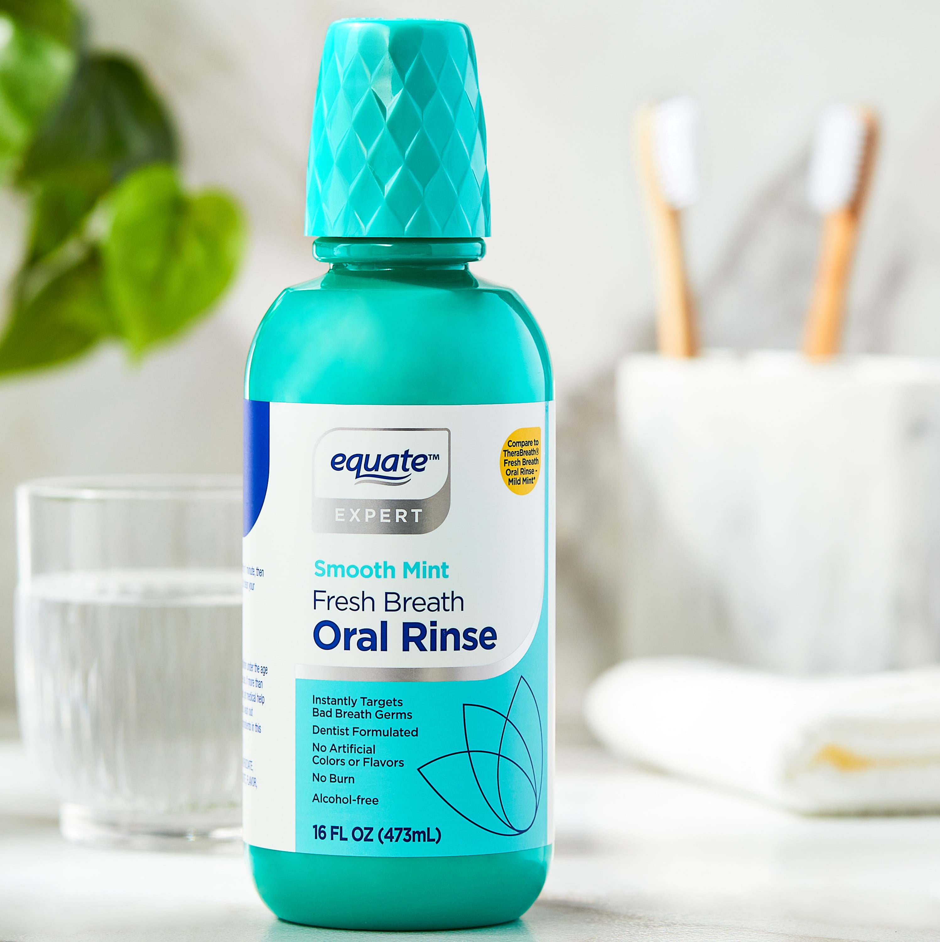 Equate Fresh Breath Oral Rinse, Alcohol-Free Mouthwash, Smooth Mint, 16 Fl Oz