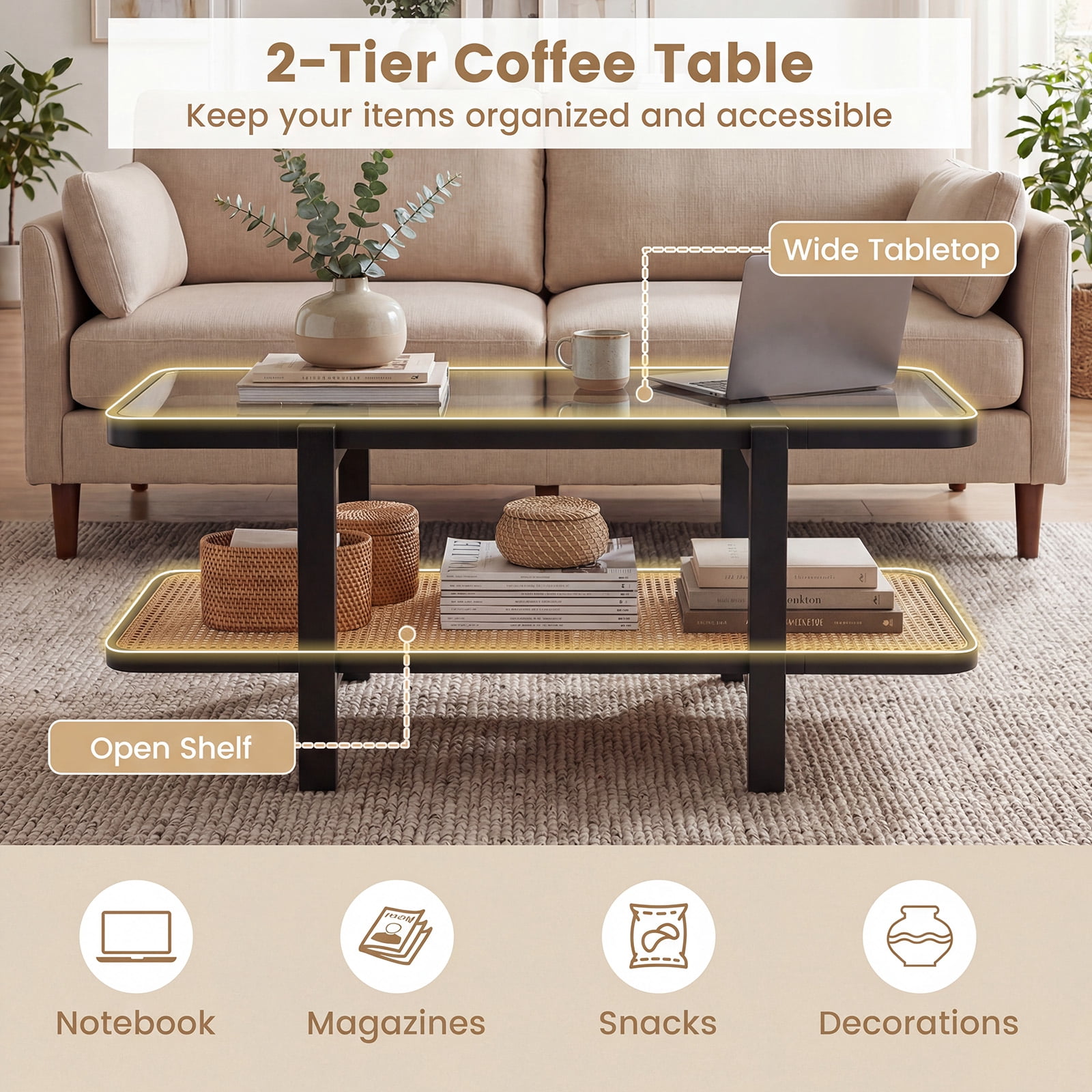 Costway 2-Tier Coffee Table with Storage, Tempered Glass Top, PE Rattan Shelf & Wood Frame Black & Natural