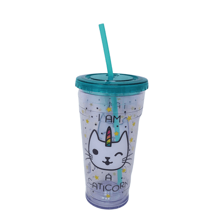 

Unicorn Caticorn Plastic Drinking Cups with Straws and Lids Spill Proof Reusable Chiller Tumbler with Lid & Straw BPA Free Water Bottle Holiday School Birthday Gifts Party Favors(Clear/Teal)