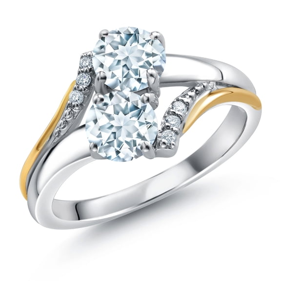 Gem Stone King 10K Yellow Gold and 925 Silver Sky Blue Aquamarine and White Lab Grown Diamond Accent Engagement Ring for Women (1.03 Cttw, Gemstone March Birthstone, Round 5MM, Size 8)
