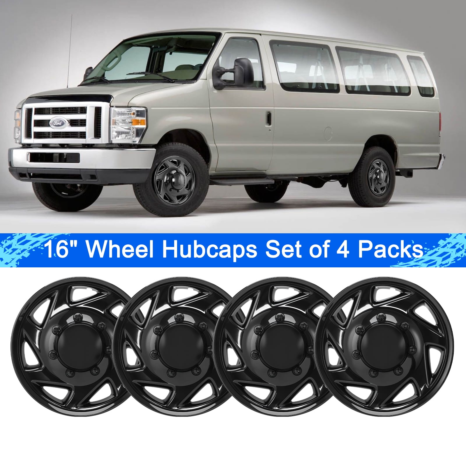 16" HubCaps For Ford E150 E250 E350 E450 VAN; 16 inch Steel Wheel Covers ; Glossy Black; Set Of 4 Packs