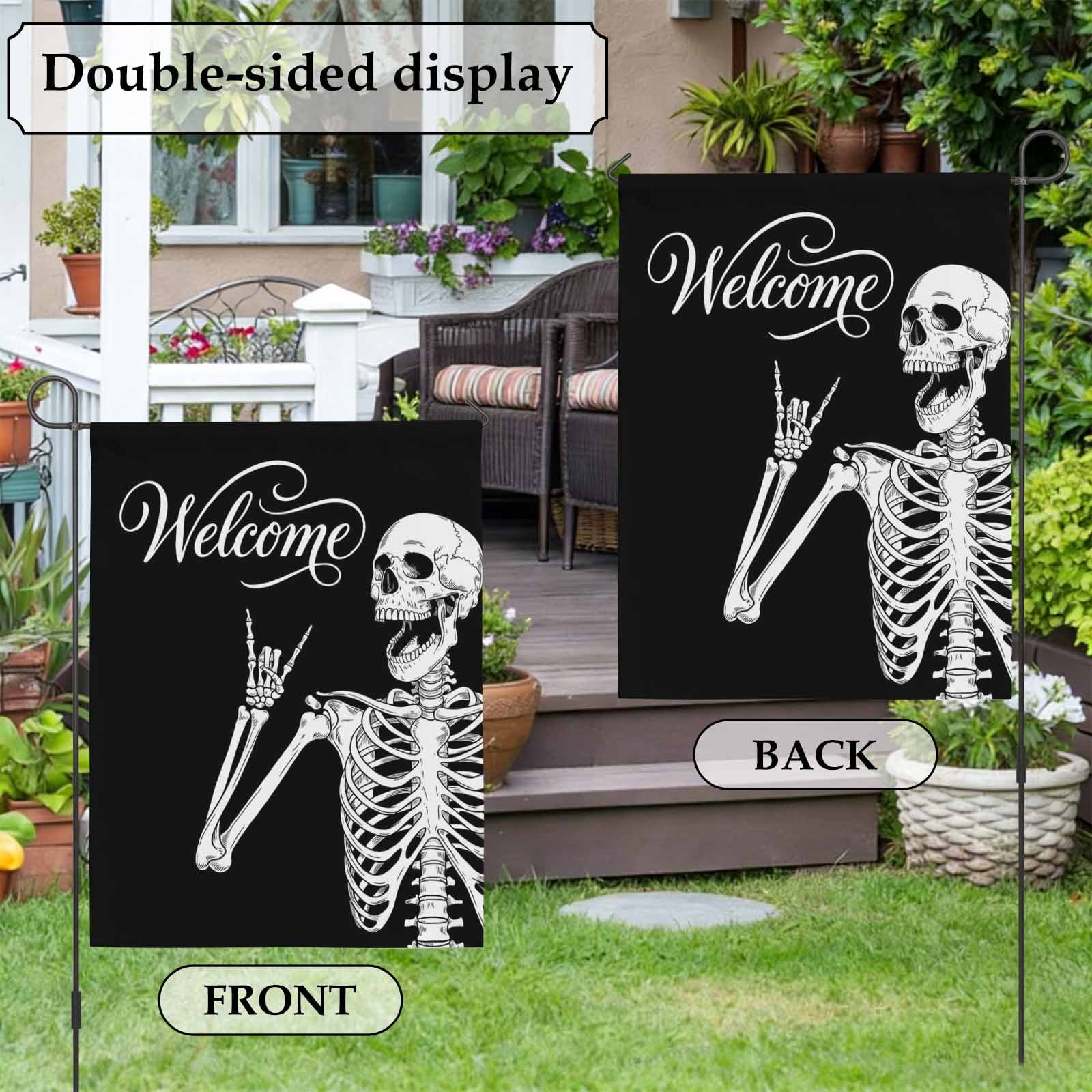 Welcome Skull House Flag 28 x 40 Inches, Funny Skeleton Abstract Black Background Weather Proof Outdoor Patio Flags Double Sided Small House Decoration for Yard Lawn Outside Home