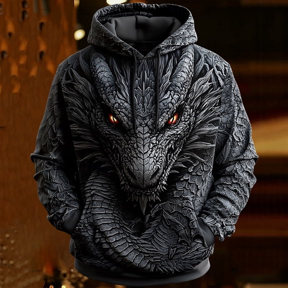 CONZONE Mens Casual Hoodies Long Sleeve Pullover Hoodie for Men Dragon Graphic Y2K Hooded Sweatshirts With Pocket