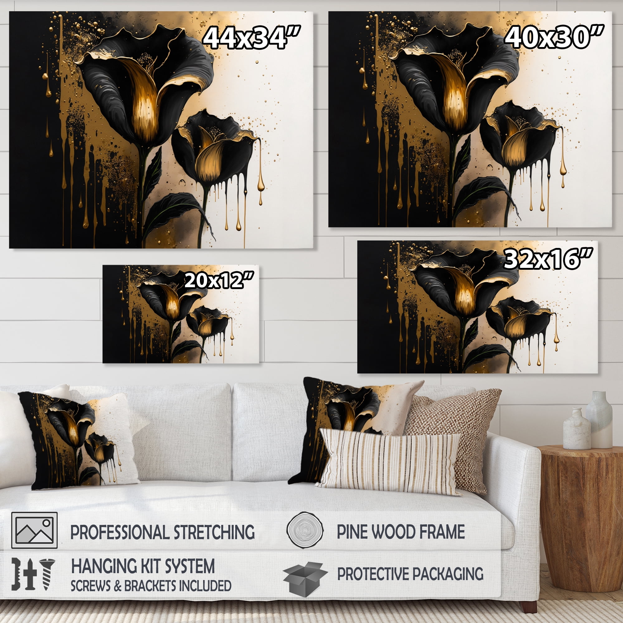 Designart Black And Gold Cally Lillies Canvas Wall Art