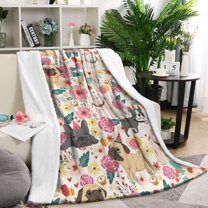 Pug Dogs with Flowers Blanket,Comfortable Soft Flannel Throw Blanket,All Season,Warm Lightweight Blankets for Sofa Bed Couch Living Room Chair,40"x50"(100x130cm)