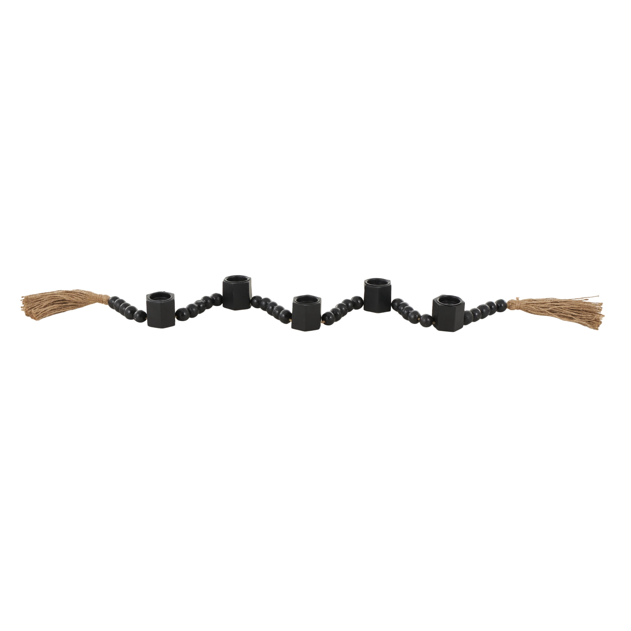 DecMode 5 Candle Black Mango Wood Hexagon Garland Candle Holder with Brown Tassel