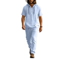 thumbnail image 3 of Mens 2 Piece Linen Set Summer Beach Short Sleeve Button Down Hooded Shirt Long Pant Vacation Casual Outfit with Short Sleeve Button-Up Top and Relaxed Long Pants Light Blue L, 3 of 6