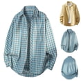 thumbnail image 4 of OHMZYZO Button Down Long Sleeve Shirts for Mens Plaid Print Lapel Collar Hawaiian Shirt Summer Fall Casual Beach Vacation Blouse Top with Pocket Blue M, 4 of 4