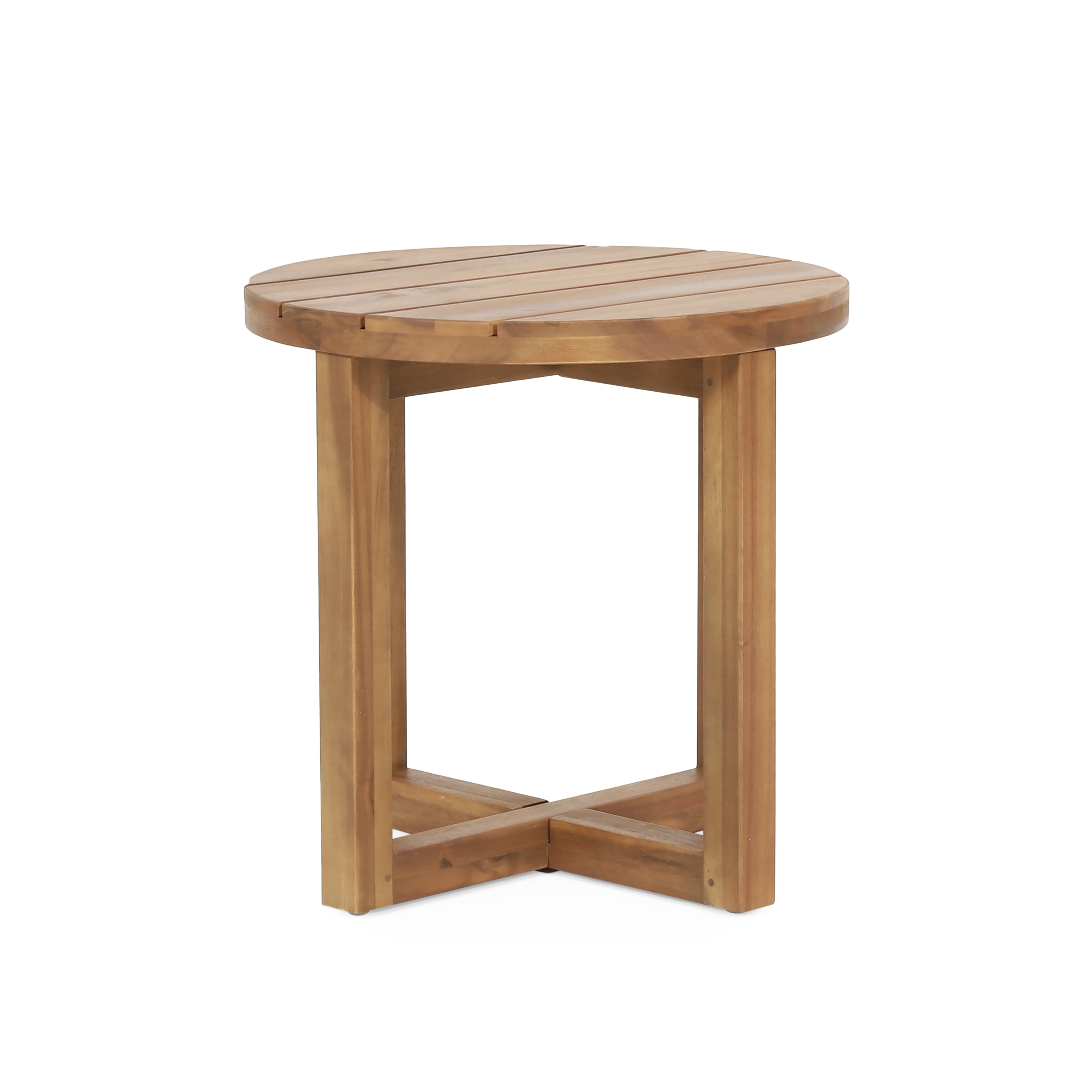 Euroco Round Outdoor Side Table, Solid Acacia Wood with Slatted Top and Cross-Leg Base, Patio Accent Table for Backyard or Balcony