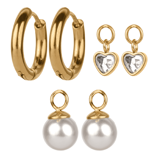 Aretes Mujer Oro 14k, LuckyLy Set de Regalo 3 en 1, Arracadas y Charms, Acero Inoxidable Baño Oro 14k, Zirconia Cúbica y Perlas – Joyería ideal como Regalos para Mujer San Valentín y Navidad, blanco