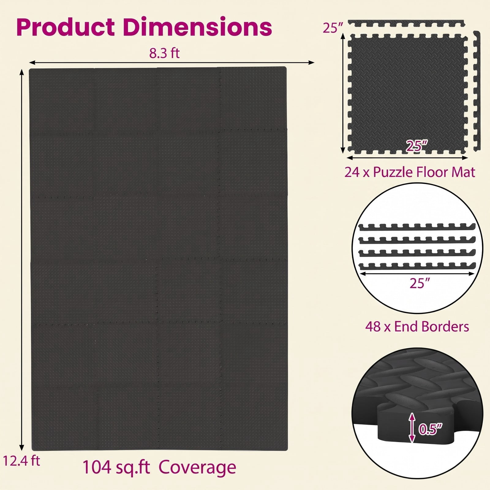 Airfind 24 Tiles Puzzle Exercise Floor Mat with Interlocking EVA Foam and Non-Slip Texture for Home Gym Equipment Protection, Black