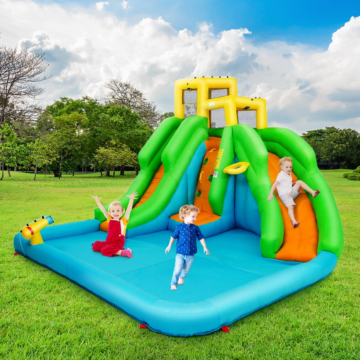 Costway Inflatable Water Park Bounce House Two-Slide Bouncer with Climbing Wall & 480W Blower