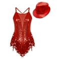 thumbnail image 3 of YONGHS Womens Sequins Tassel Ballet Gymnastic Leotard Latin Dance Jazz Fringe Bodysuit with Hat Red XL, 3 of 7