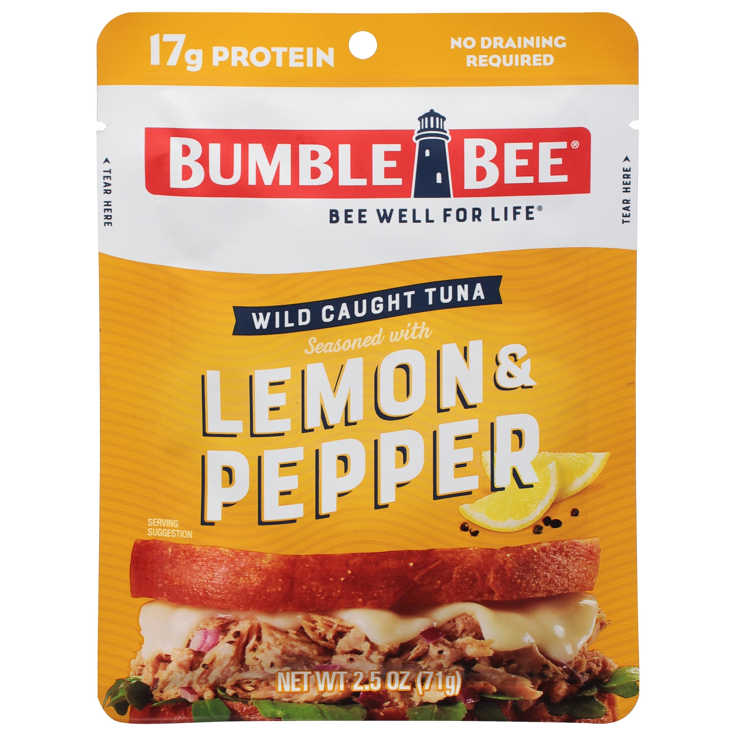 Bumble Bee Lemon & Pepper Seasoned Tuna, Wild Caught, Ready to Eat, Gluten Free, 17g of Protein per Serving, Shelf Stable Pouch, 2.5 oz