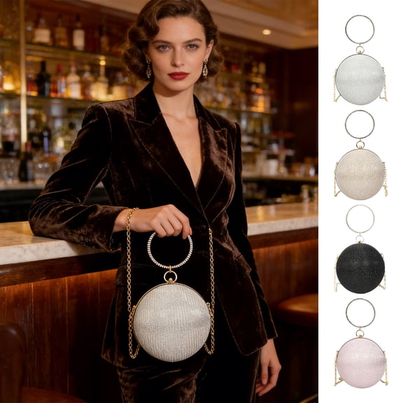 Evening Bag Women's Clutch Purse, Round Rhinestone Encrusted Chain Shoulder Bag, Sparkling Crossbody Bag for Party Wedding, Silver Gold Pink Metallic Small Handbag for Women (Gold)