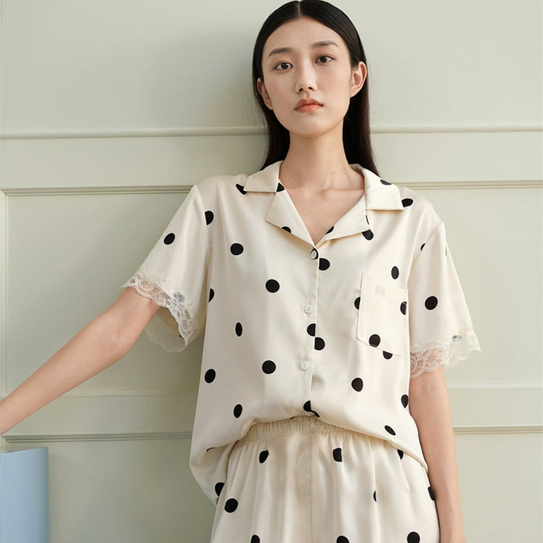 DanceeMangoo Summer New Ice Silk Pajamas Set Womens Short-sleeved Print  Suits Thin Dots Homewear Pajamas for Women Nightie Sleepwear Pijam