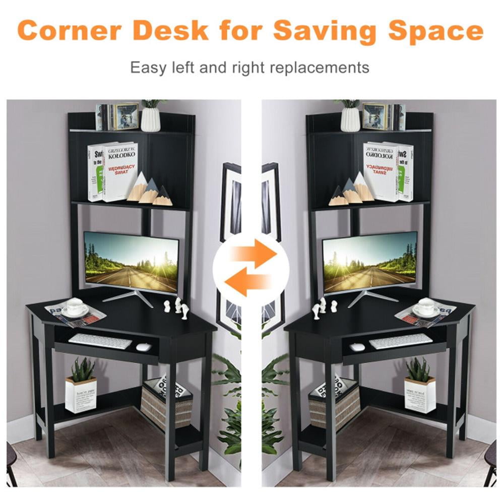 Demi Bonn Corner Computer Desk with Hutch and Storage Shelves, Small Home Office Desk Study Writing Table, Black