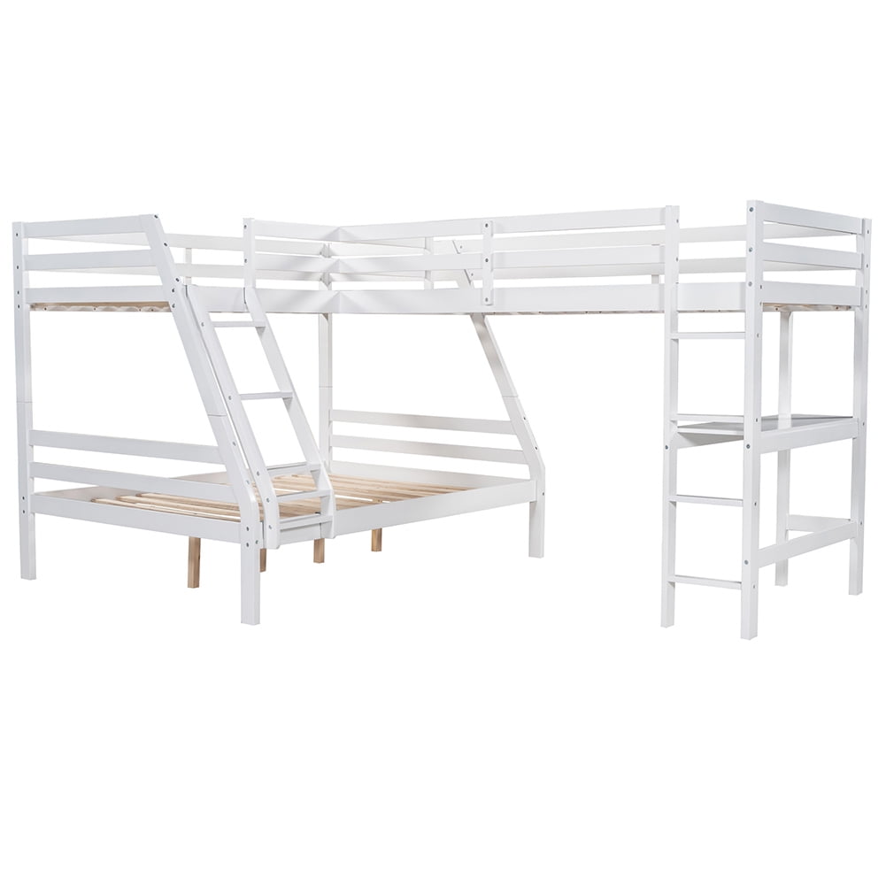 Kadyn Triple Bed Twin-Over-Twin-Over-Full Bed L Shaped Bunk Bed with Built-in Desk, White