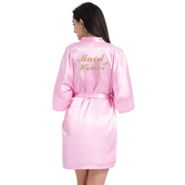 LYMAYTER Satin Sleepwear Robe for Women's Short Gilded Letters Bridal Party Bathrobe S-2XL