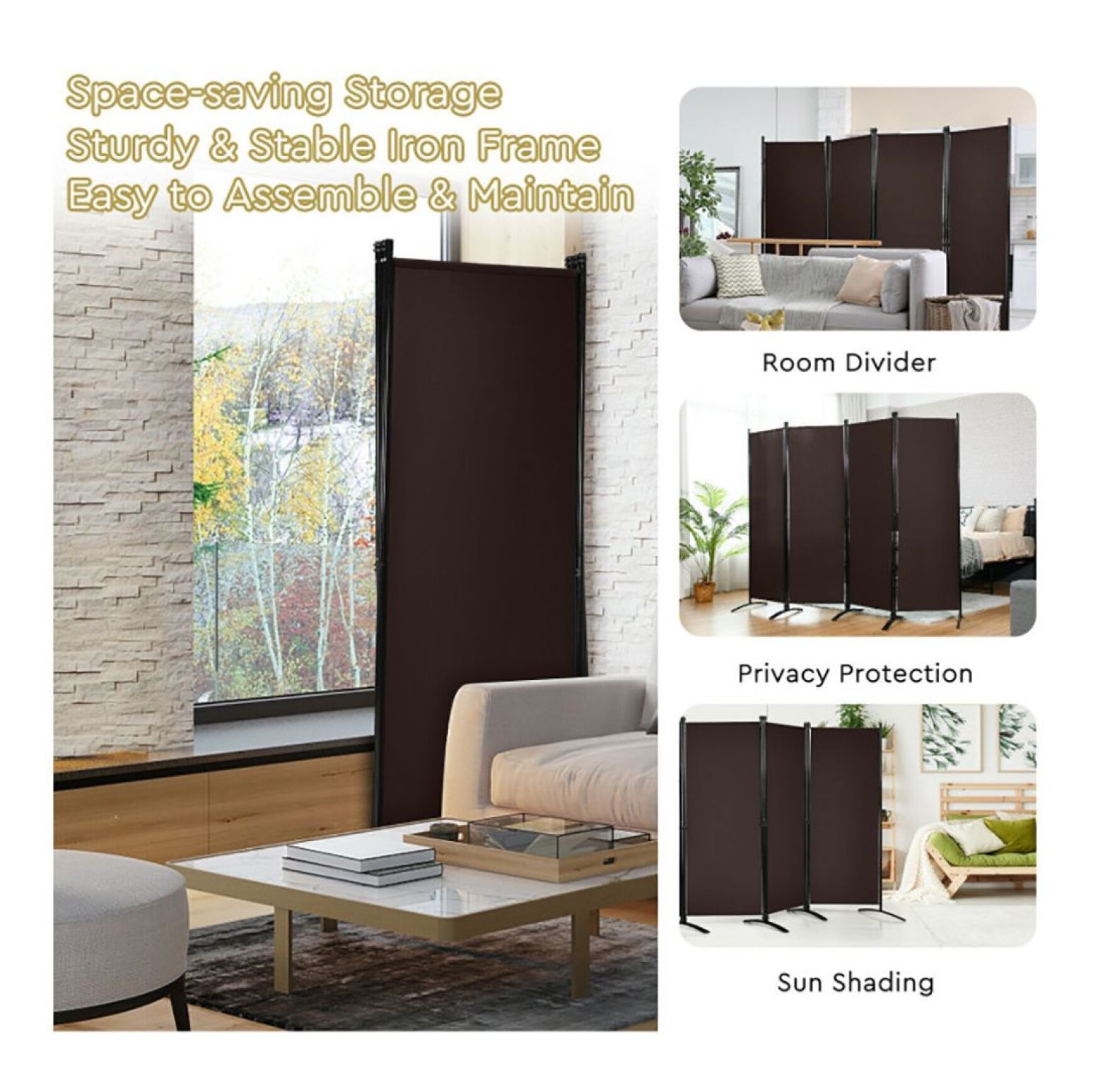 Yunken 4-Panel Room Divider with Sturdy Steel Frame, 5.6 Ft Tall Freestanding Partition Screen for Bedroom & Living Room