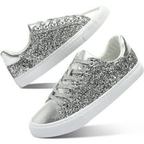 AOMAIS Women Glitter Sneakers Sparkly Low Top Sequins Sneakers Lace Up Tennis Shoes Comfort Bling Shoes Fashion Shiny Walking Shoes(Silver Glitter US6)