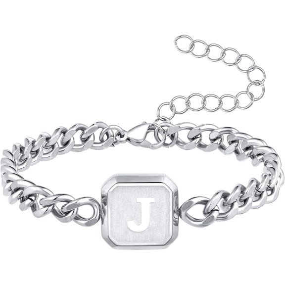 APSVO Initial Bracelets for Men s Gold/Silver/Black Square J Letter Cuban Curb Link Chain Bracelet Men's Stainless Steel Bracelet Jewelry Birthday Christmas Gifts for friend Husband Dad Son