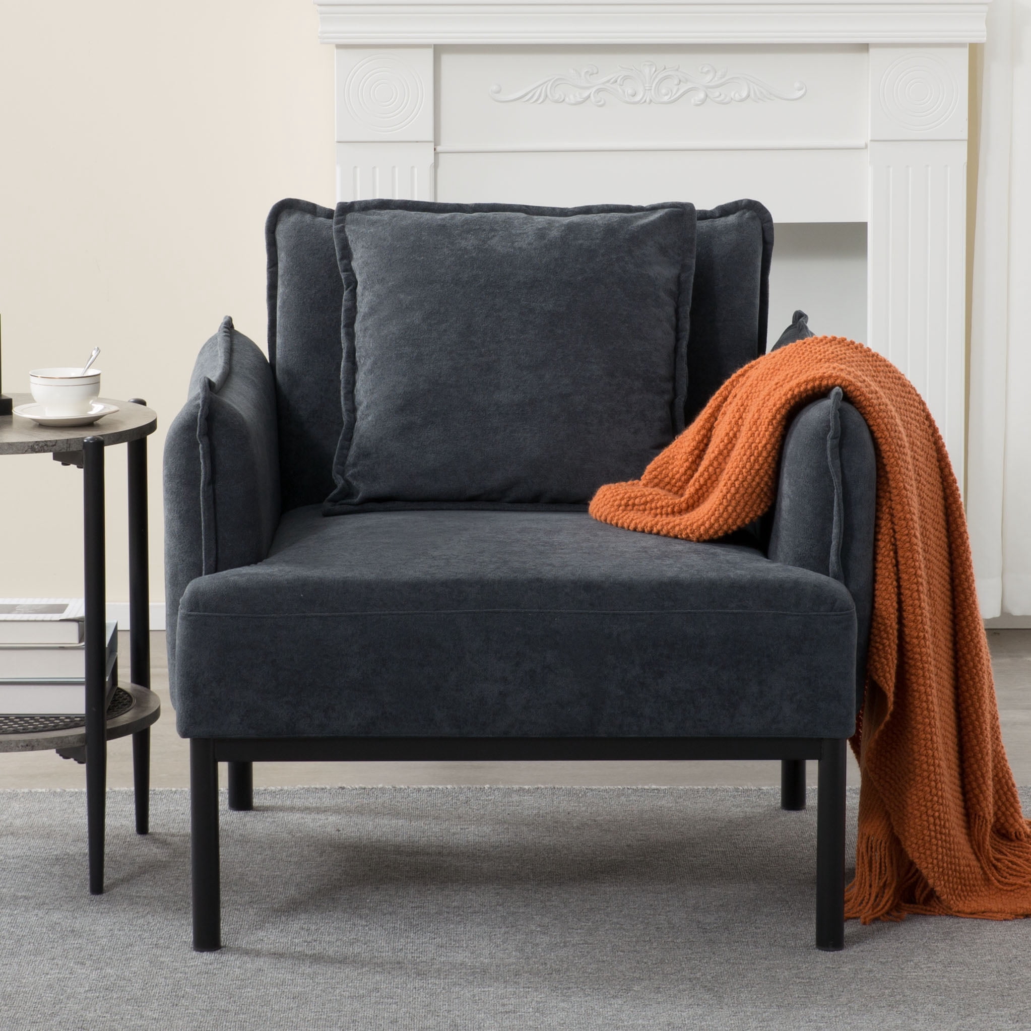 BSHTI 32.48" Modern Accent Chair with Curved Armrest, Upholstered Living Room Chair with Pillow, Solid Wood Frame & Metal Base, Non-Slip, Easy Assembly, Dark Grey