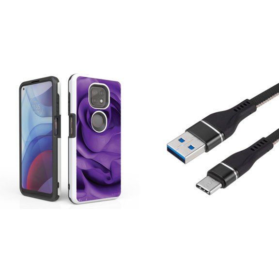 Bemz Accessory Bundle for Moto G Power (2021) Case with: Dual Shield Slim Rugged Hybrid Protective Cover, Fast Charging Sync USB-C to USB-A Cable (3 Feet) and Touch Tool - Purple Rose Flower