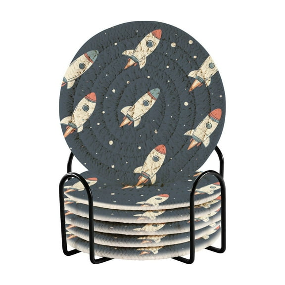 Yayeee 6 PCS Drink Coasters with Holder Set Woven Absorbent Round Tabletop Hot Pad, Rocket Pattern