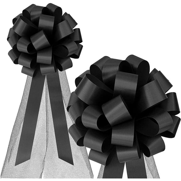 Black Decorative Pull Bows with Tulle Tails - 8" Wide, Set of 6, Wedding, Reception, Halloween
