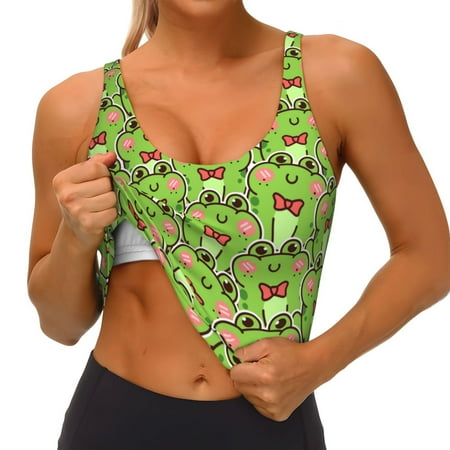 Qokaie Cute Green Frog Pattern Womens Scoop Neck Sports Bra Breathable Workout Vest Padded U Back Medium Impact Fitness Gym Yoga Bra Workout Crop Top